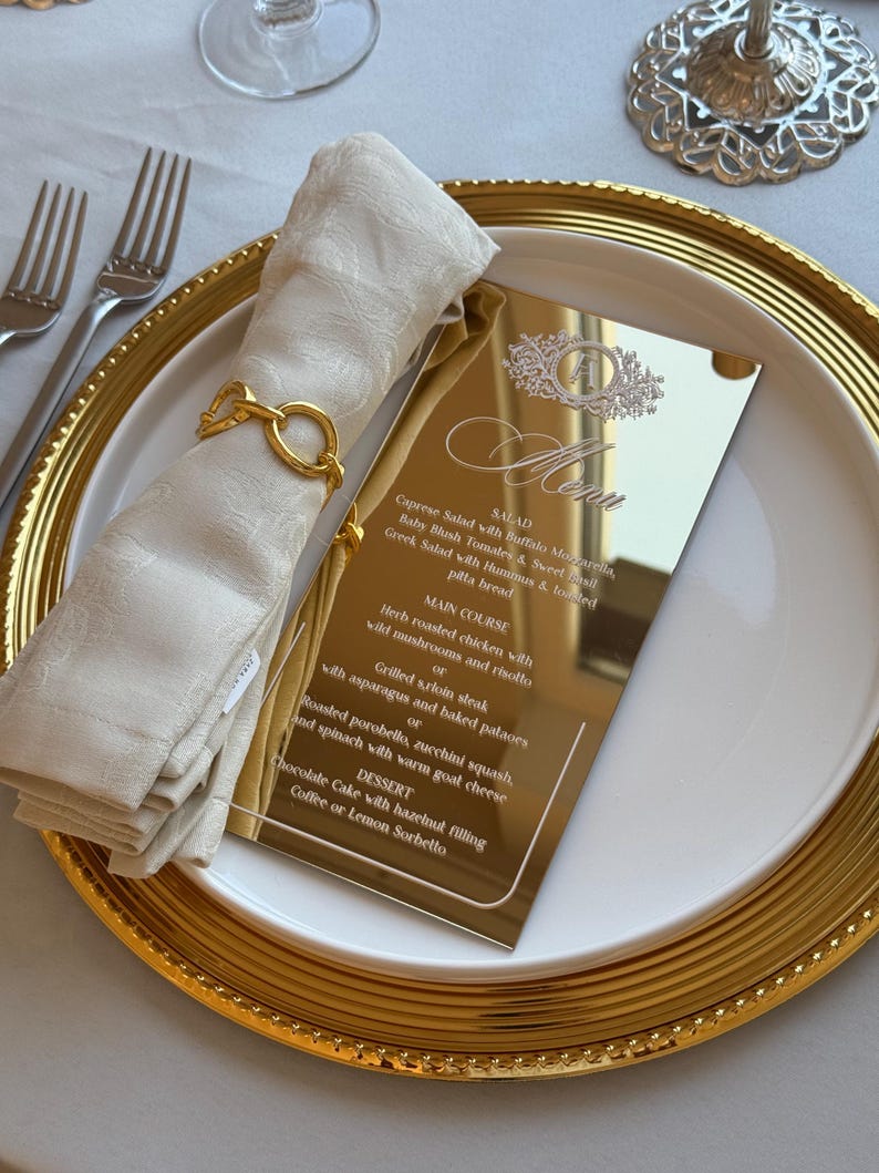 Gold Rimed Card Design Mirror Gold Acrylic Wedding Menu: Modern Reception Decor - Etsy