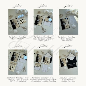 May include: A collection of six wedding invitation suites, each featuring a black envelope, gold accents, dried flowers, and wax seals. Each suite includes invitation cards, RSVP cards, and detail cards. The suites are arranged on a white surface with decorative elements.
