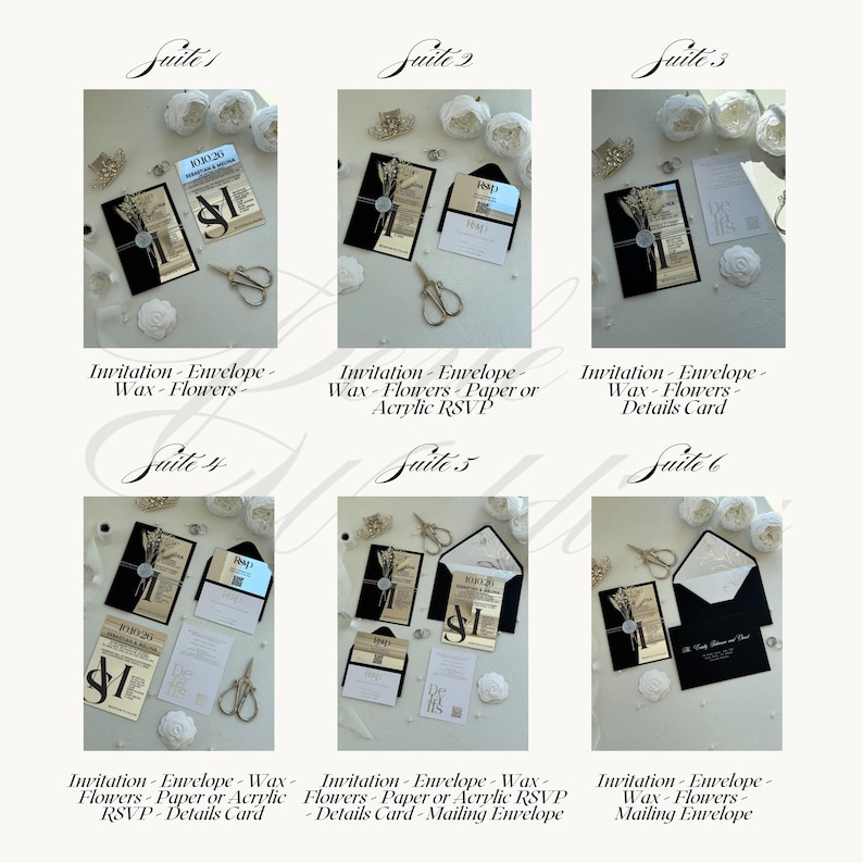 May include: A collection of six wedding invitation suites, each featuring a black envelope, gold accents, dried flowers, and wax seals. Each suite includes invitation cards, RSVP cards, and detail cards. The suites are arranged on a white surface with decorative elements.