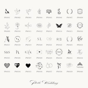 May include: A collection of black and white wedding-themed illustrations, including doves, flowers, initials, and hearts. Each design is labeled with a 'PW' code, followed by a number. The text "Perle Wedding" is at the bottom.