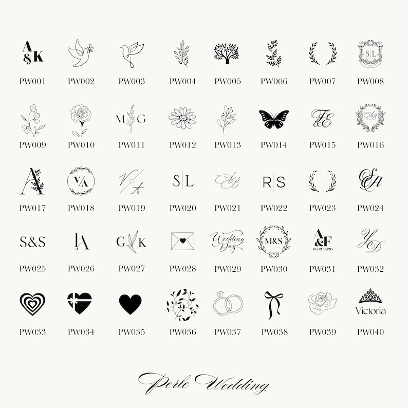 May include: A collection of black and white wedding-themed illustrations, including doves, flowers, initials, and hearts. Each design is labeled with a 'PW' code, followed by a number. The text "Perle Wedding" is at the bottom.