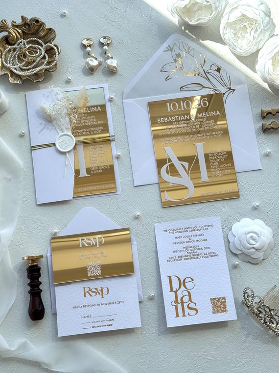 Luxury Gold Acrylic Wedding Invitations with White Envelopes: Faire Part Mariage