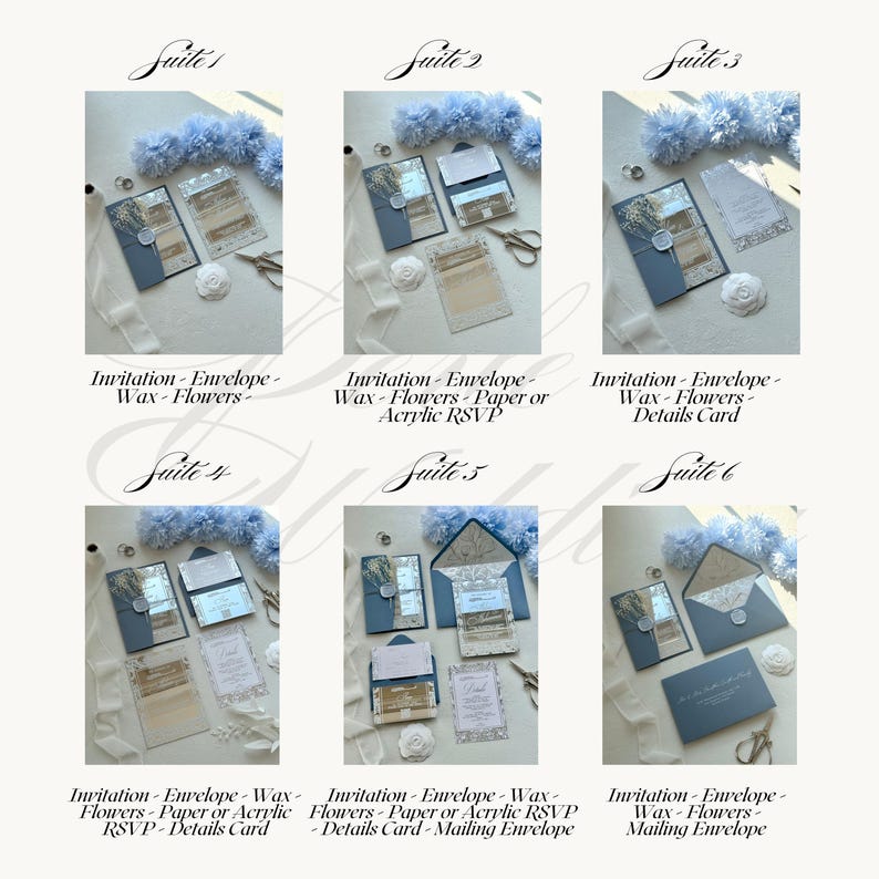 Pu&ograve; includere: Una collezione di suite di inviti di nozze, ognuna con una busta blu, un sigillo di cera e decorazioni floreali. Varie suite includono biglietti RSVP, biglietti di dettaglio e buste di spedizione. Il testo sull'immagine recita "Invito - Busta - Cera - Fiori".