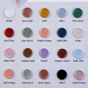 May include: A variety of wax seal colors are displayed, including white, rose gold, gold, silver, and pine green. The image includes text that reads "WAX SEAL COLORS" and "Perle Wedding". The image also includes the text: "Please select your preferred wax seal color in the personalization box."