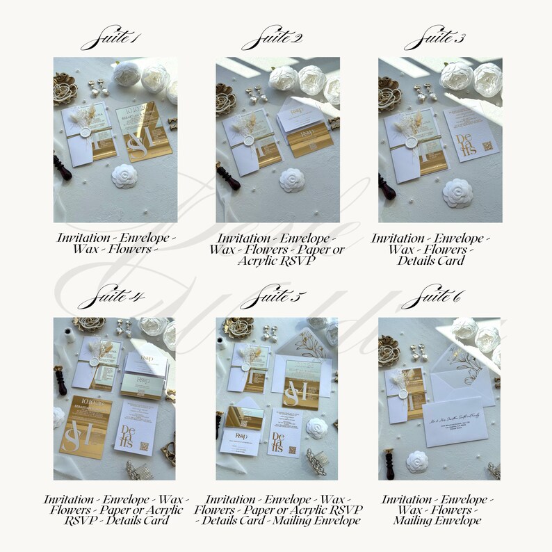 Puede incluir: Seis conjuntos de invitaciones de boda, cada uno con invitaciones, sobres, sellos de cera y elementos florales. Algunos conjuntos incluyen tarjetas RSVP de papel o acr&iacute;lico y tarjetas de detalles, ofreciendo varias opciones de dise&ntilde;o.