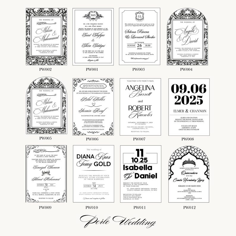 Pu&ograve; includere: Una collezione di biglietti d'invito per matrimoni con design eleganti. Ogni biglietto presenta nomi, date e dettagli dell'evento in vari caratteri e layout. I biglietti sono prevalentemente bianchi con testo nero e bordi decorativi.