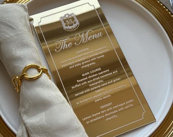 Elegante spiegel acryl bruiloft menukaarten, gepersonaliseerde gouden en bronzen dinermenu