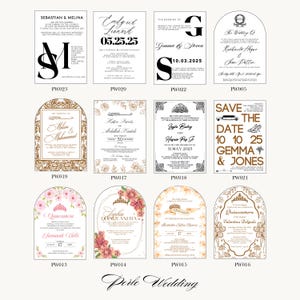 Puede incluir: Una colecci&oacute;n de tarjetas de invitaci&oacute;n de boda y quincea&ntilde;era con dise&ntilde;os elegantes. Las tarjetas presentan varias fuentes, acentos florales y fechas. Algunas tarjetas incluyen nombres como Gemma & Jones y Savannah Valle. La combinaci&oacute;n de colores general es blanco y dorado.