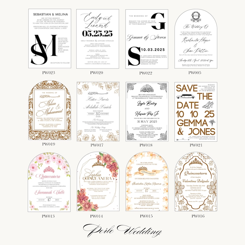 Puede incluir: Una colecci&oacute;n de tarjetas de invitaci&oacute;n de boda y quincea&ntilde;era con dise&ntilde;os elegantes. Las tarjetas presentan varias fuentes, acentos florales y fechas. Algunas tarjetas incluyen nombres como Gemma & Jones y Savannah Valle. La combinaci&oacute;n de colores general es blanco y dorado.