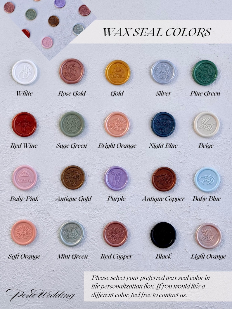 Puede incluir: Se muestran una variedad de colores de sellos de cera, incluyendo blanco, oro rosa, oro, plata y verde pino. La imagen incluye el texto "WAX SEAL COLORS" y "Perle Wedding". La imagen tambi&eacute;n incluye el texto: "Por favor, seleccione su color de sello de cera preferido en el cuadro de personalizaci&oacute;n."