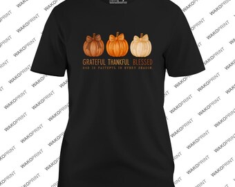 Grateful Thankful Blessed Thanksgiving T-Shirt | Turkey Pumpkin Fall Graphic Tee for All | White and Black All ages