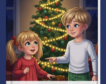 Könnte beinhalten: Illustration des Buchcovers "The Christmas Eve Wait" von Alexander Welch. Das Bild zeigt zwei Kinder im Schlafanzug, die einen geschmückten Weihnachtsbaum mit Lichtern und Ornamenten betrachten. Der Hintergrund ist ein gemütliches Wohnzimmer.