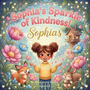 Puede incluir: Portada de libro infantil con el título "Sophia's Sparkle of Kindness!" que presenta a una niña con cabello castaño y un suéter amarillo. La ilustración incluye un zorro, una ardilla, flores y una casa en el árbol. También se incluye el nombre del autor y el rango de edad.
