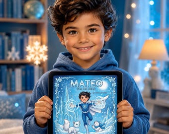 May include: A tablet displaying a digital book cover titled MATEO THE ICE HERO. The illustration features a young hero in a blue suit with a white cape, surrounded by a snowy landscape, an ice castle, a white fox, and a small polar bear cub.