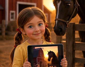 Könnte beinhalten: Ein Mädchen mit Zöpfen hält ein Tablet mit dem Buchcover "Elizabeth and the Sleepy Farm Animals". Das Bild auf dem Tablet zeigt eine Scheune, ein Pferd und ein Mädchen bei Sonnenuntergang. Ein braunes Pferd steht hinter einem Holzzaun.