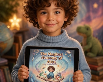 May include: A young child in a blue sweater holds a tablet displaying a book cover titled "The Magical Journey of Alex" by Alexander Welch. The cover art features a cartoon illustration of a boy, a dinosaur, and a castle. The book is for ages 4-8.