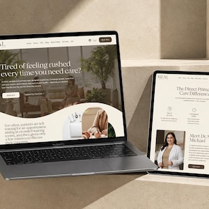 Könnte beinhalten: Ein Laptop und ein Tablet, die die Website von HEAL Primary Care anzeigen. Der Laptop-Bildschirm zeigt die Startseite mit dem Text Tired of feeling rushed every time you need care? Der Tablet-Bildschirm zeigt The Direct Primary Care Difference.