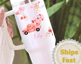 Personalized Valentine's Day Tumbler 40oz Valentines Day Travel Cup with Name Custom Pink Heart Gnome Valentine Tumbler Valentines Day Mug