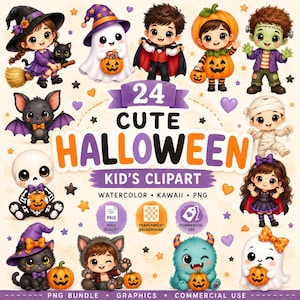 Puede incluir: Una colección digital de 24 ilustraciones con temática de Halloween que presenta personajes de dibujos animados, incluyendo una bruja, fantasma, vampiro, calabaza, monstruo, esqueleto, momia y gato negro, con el texto 24 CUTE HALLOWEEN KID'S CLIPART.