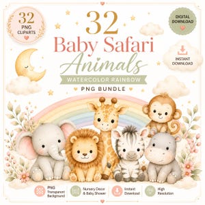 Puede incluir: Ilustración en acuarela con animales de safari bebés, incluyendo un elefante, un león, una jirafa, una cebra, un mono y un hipopótamo, con un arcoíris y detalles florales. El texto dice "32 Baby Safari Animals Watercolor Rainbow PNG Bundle."