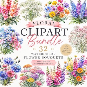 Puede incluir: Una colección digital de 32 ramos de flores en acuarela con diversos arreglos florales en rosa, azul, amarillo y blanco. El texto dice Floral Clipart Bundle 32 Watercolor Flower Bouquets PNG 300 DPI Commercial Use.