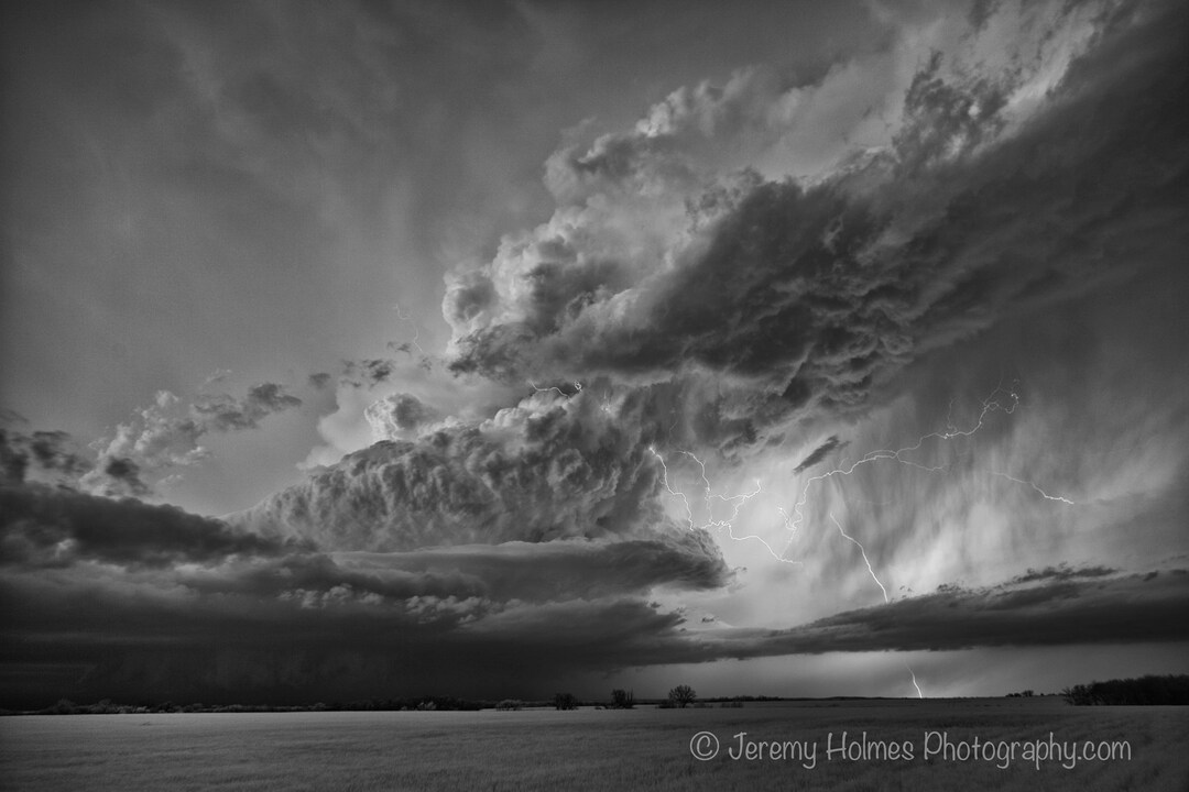 Supercell Thunderstorm With Lightning Bolt in Black and White Shot in ...
