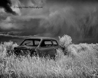 antique vintage hot rod rusting away black and white fine art photography print or metal wall art perfect for the garage wall