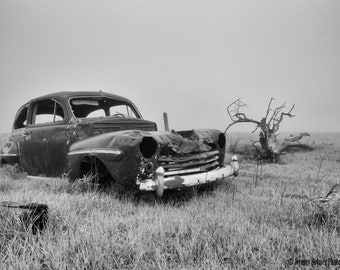 Abandon old Hot rod black and white fine art photography print or metal wall art perfect for the garage wall