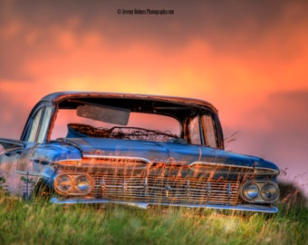 antique vintage chevy impala muscle car rusting away in Colorado fine art photography print or metal wall art perfect for the garage wall