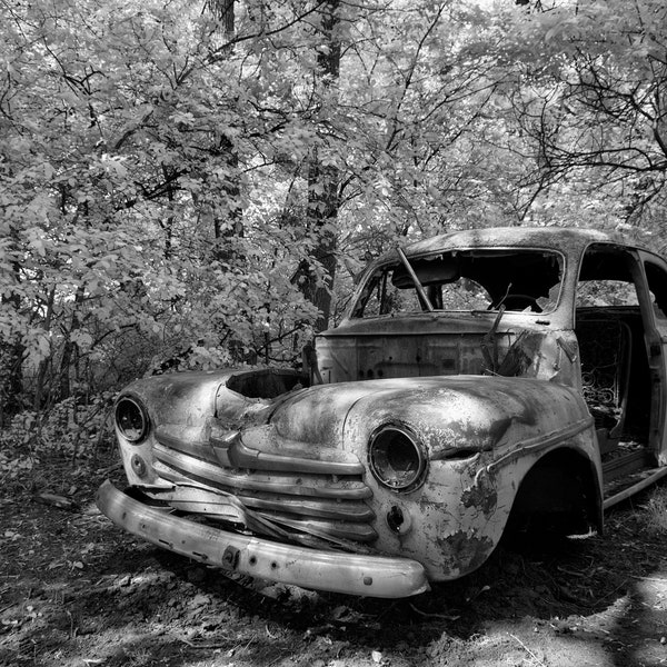 old abandon car sits in the trees black and white fine art photography print or metal wall art perfect for the garage wall