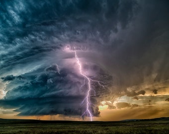 Supercell thunderstorm with Tornado and lightning bolt in Nebraska fine art photography print or metal wall art