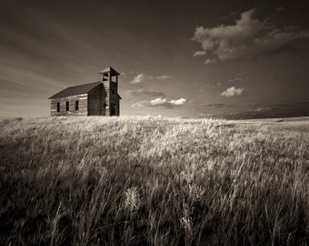 fine art black and white sepia print of an abandon church in a Montana ghost town