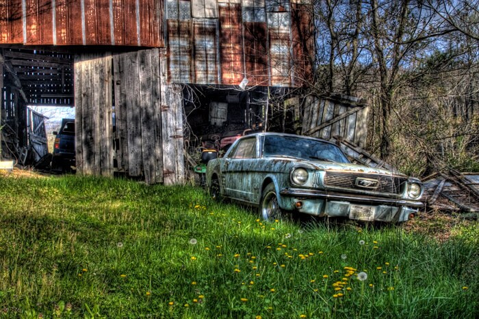 Fine Art Print of an Abandon Ford mustang sitting forgotten by an old barn fine art photography print perfect man cave or garage art gift
