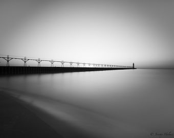 Fine Art Print in Black and white Lake Michigan Lighthouse
