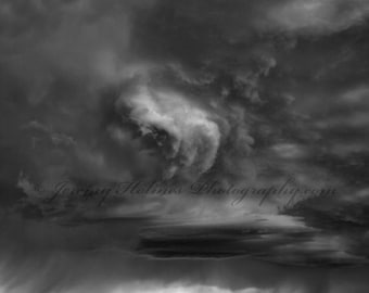 Fine art Black and White print of a storm with windmill in Kansas