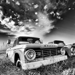 Black and White fine art print of a vintage Dodge pickup truck abandon in a farmers field