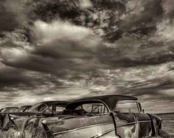 Chevrolet Bel Air in South Dakota black and white sepia fine art photography print or metal wall art for the garage wall