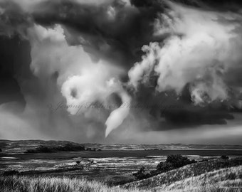 Black and White fine art print of an amazing supercell with Tornado in Nebraska.