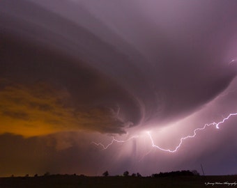 Fine art print of a supercell thunderstorm in Oklahoma with a lightning bolt