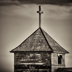 Church steeple with cross black and white sepia fine art photography print or metal print