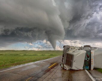 Fine Art Print of a supercell Tornado that rolled a semi truck in Nebraska