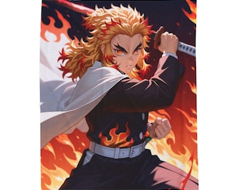 May include: A rectangular blanket featuring a vibrant anime-style illustration. The design showcases a character with fiery hair and eyes, wielding a sword against a backdrop of flames. The character is wearing a dark uniform with flame accents and a white cape.