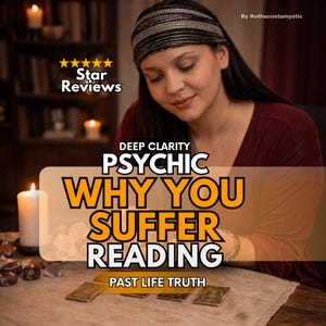 Può includere: Immagine con testo che recita "Deep Clarity Psychic Why You Suffer Reading Past Life Truth". L'immagine include anche una donna, candele, cristalli e tarocchi. Il testo "Star Reviews" è anche visibile.