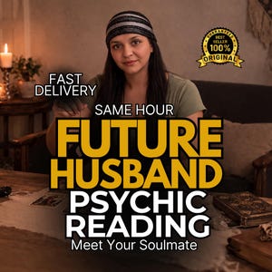May include: A person wearing a black and silver striped head covering with text that reads FAST DELIVERY, SAME HOUR, FUTURE HUSBAND PSYCHIC READING, Meet Your Soulmate, and a gold badge stating GUARANTEED BEST SELLER 100% ORIGINAL.