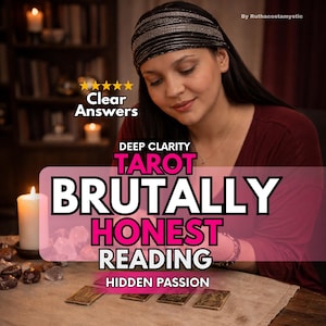 Puede incluir: Imagen de una mujer con un pañuelo en la cabeza y cartas del tarot, con texto que dice "Clear Answers", "Deep Clarity", "Tarot", "Brutally Honest Reading" y "Hidden Passion". La imagen tiene una paleta de colores cálidos.