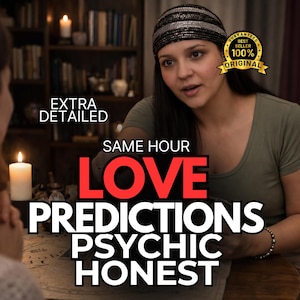 Puede incluir: Una mujer con una diadema de lentejuelas está hablando. La imagen incluye el texto "EXTRA DETALLADO", "SAME HOUR", "LOVE", "PREDICTIONS", "PSYCHIC" y "HONESTO". Un sello "GARANTIZADO MEJOR VENDEDOR 100% ORIGINAL" está en la esquina superior derecha.