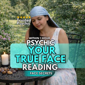 May include: An image promoting a psychic reading service. The text reads "Trusted Psychic" with five gold stars. The main text says "Psychic Your True Face Reading Face Secrets". A woman is wearing a light blue headscarf.