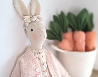 Handmade Easter Bunny Toy, Baby Plushie Nursery Decoration, Large Stuffed Rabbit Doll, Linen Cotton Fabric Kids Toy, Children Stuffed Animal