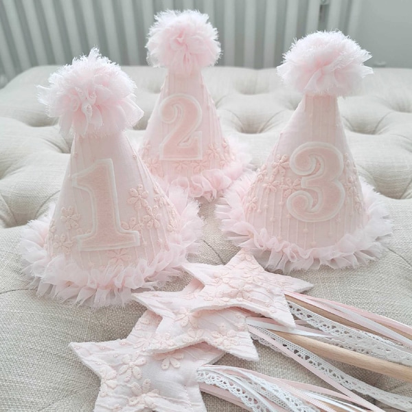 Girls Pink Princess 1st Birthday Party Hat and Star Wand, Cake Smash Sitter Hat, Girls Dress Up Set, Girls Photography Prop Party Hat Outfit