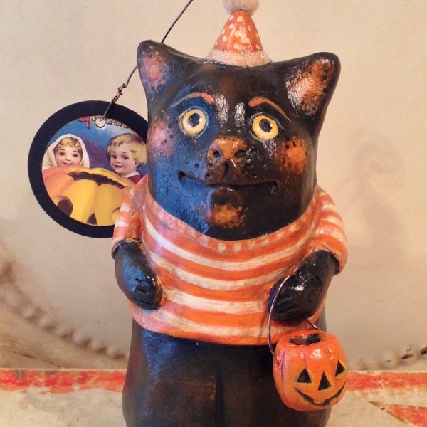 Folk Art One of a Kind cat Halloween Ornament Vintage Style Art Original Primitive